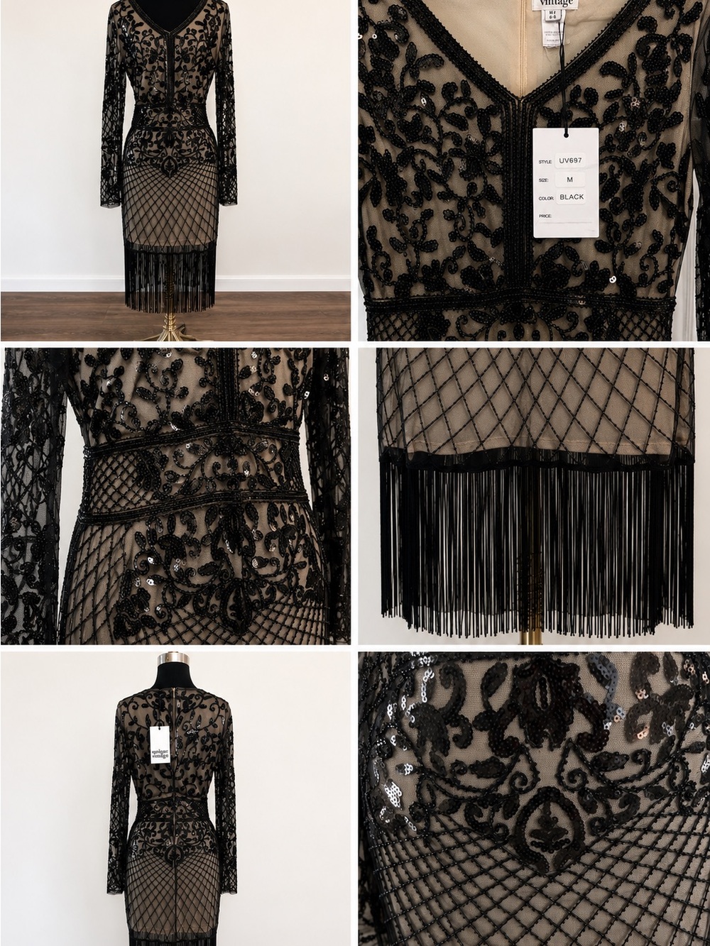 Unique Vintage Black Beaded Lace Fringe Cocktail Dress Flapper